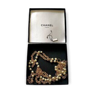 Vintage Chanel 1980s Double-Strand Faux Pearl Necklace 36”–CC Logo Clasp, box